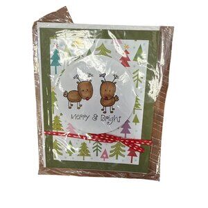 Handmade Christmas Holiday Greeting Card With Cute Cartoon Reindeer Merry & Brig